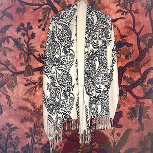 White and Black Floral Scarf/Pashmina